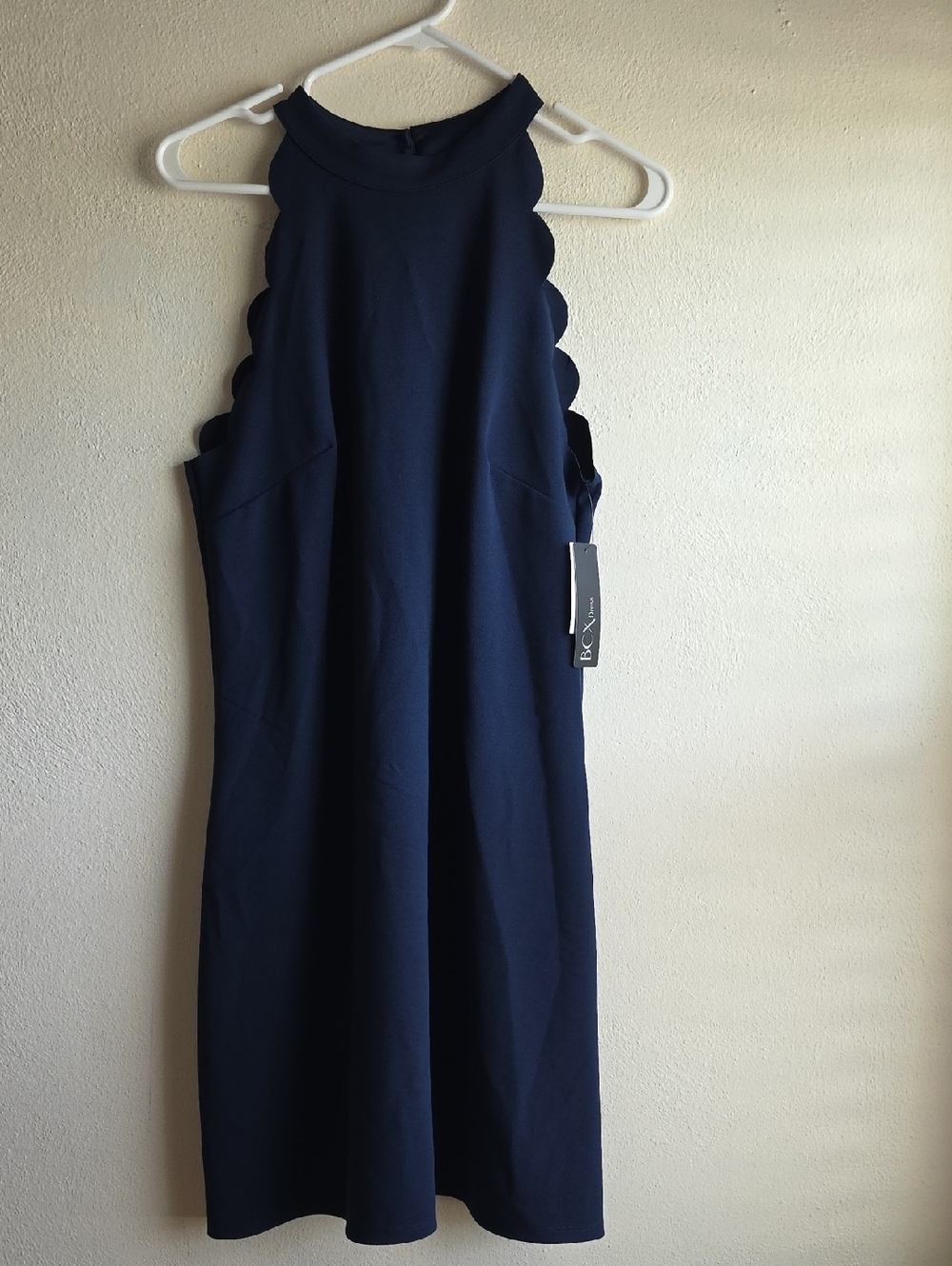 New-BCX Navy Scallop-Hem Halter Midi Dress
